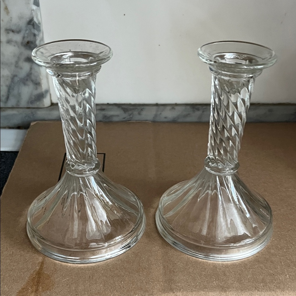 Glass Twisted Stem Candlestick Pair - Clear 6 1/4 Inch